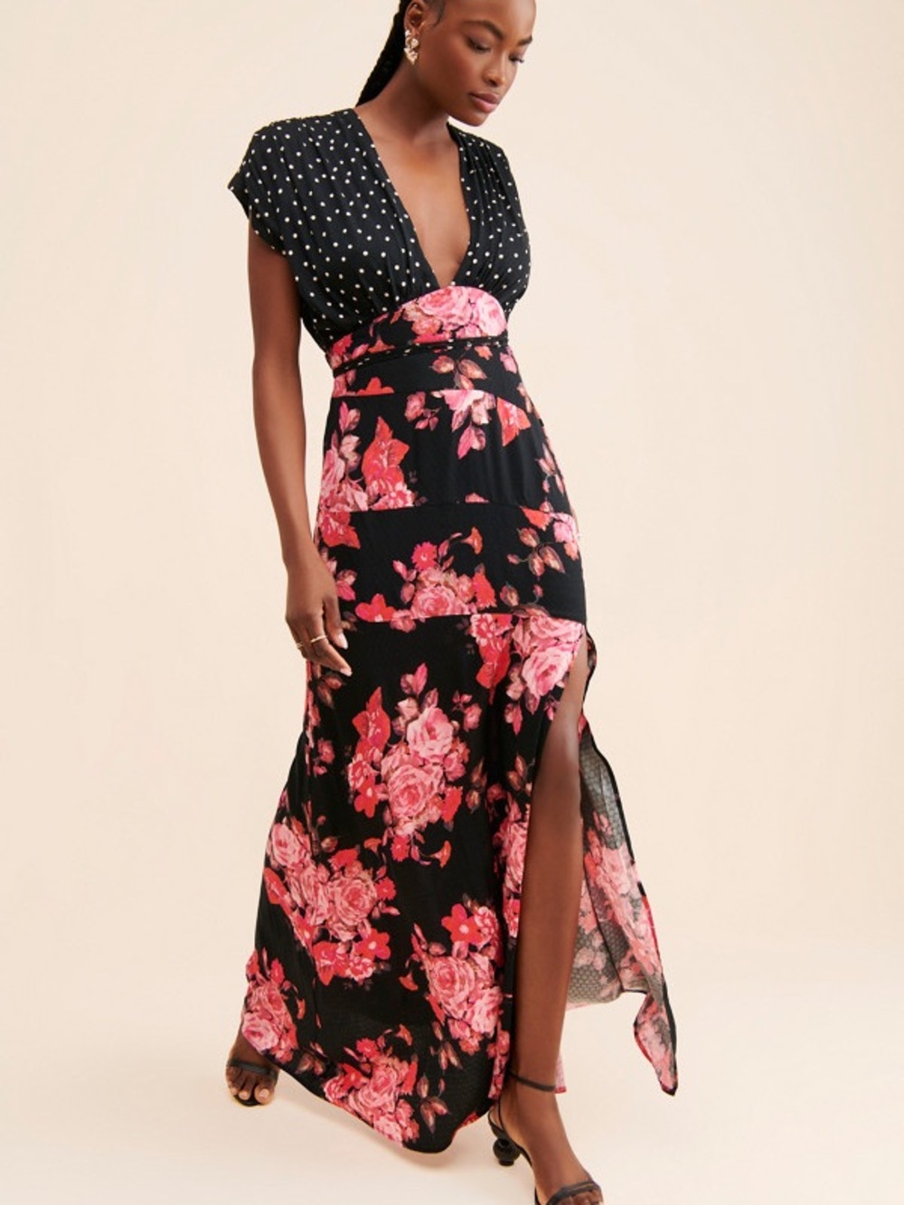 $168 Free People Black Maxi Dress with Pink Floral Print and Polka Dot Small s